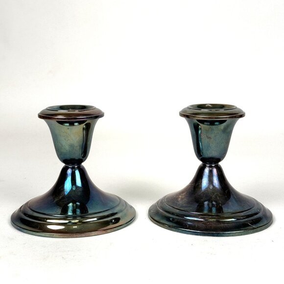 Vintage Gorham Silver YC3003 Candlestick Holders Pair EP Patina Finish 2.75" Ele - Picture 1 of 7